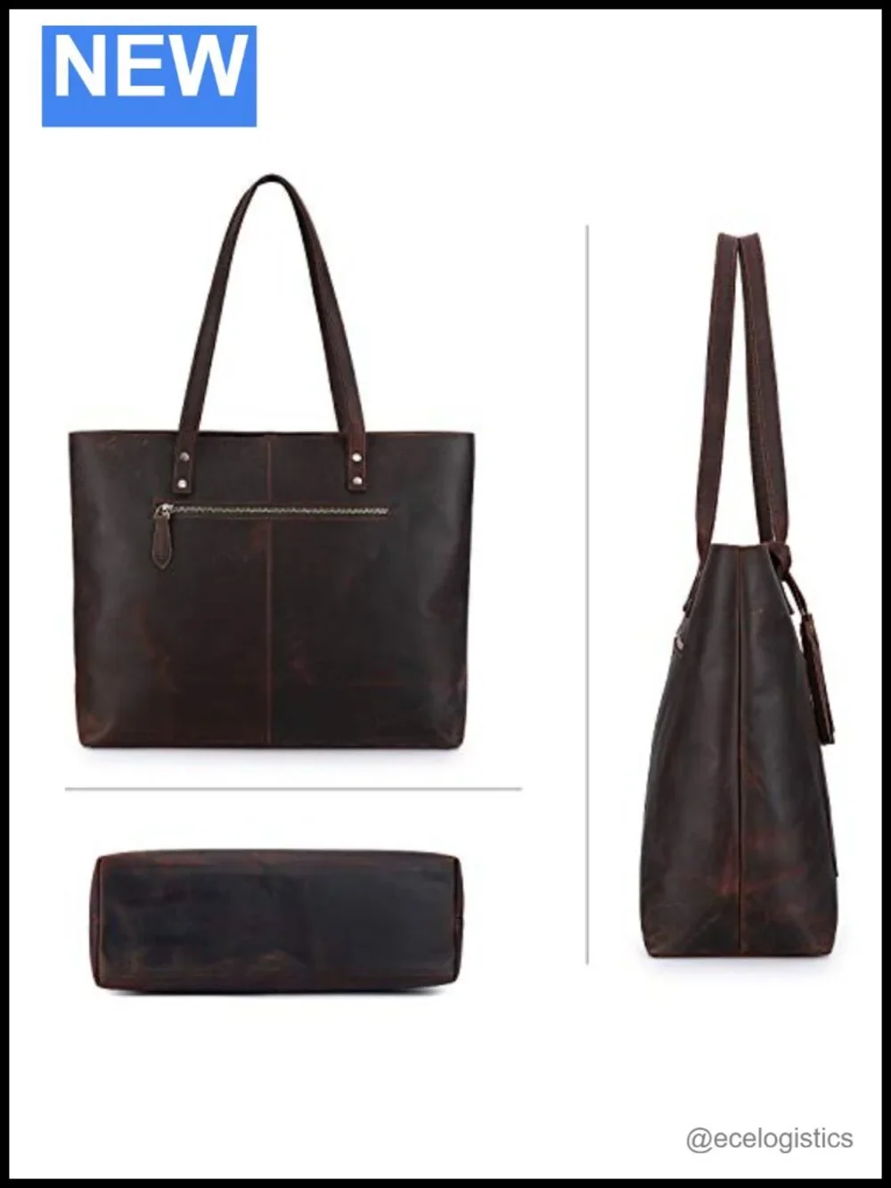 Vintage Large Buffalo Leather Tote Bag with Tassel, 8 Pockets, Fits 14